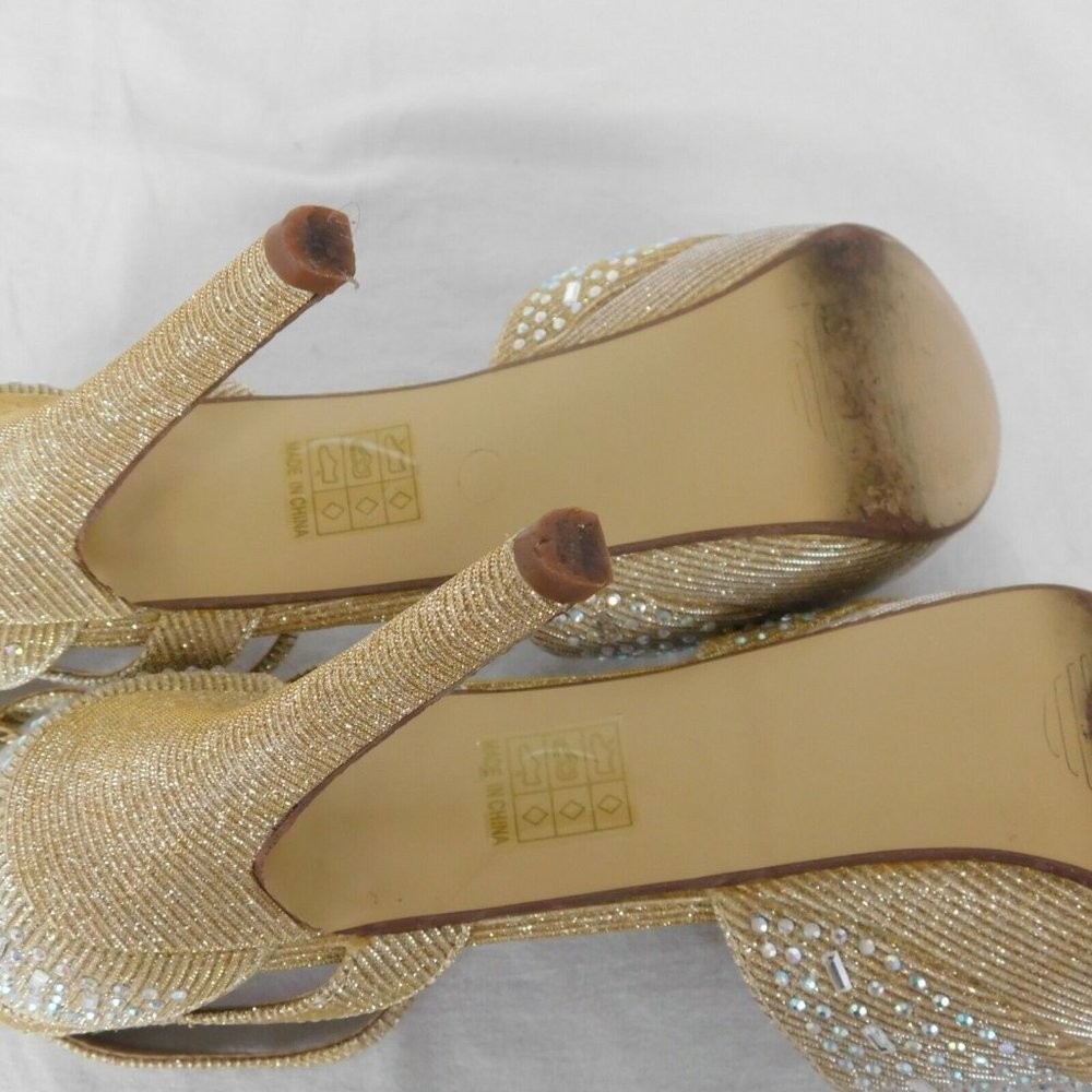 Fashion Focus Women Size 10 Gold Colored Rhinestone Peep Toe 5" Heel 1.5" Platfo - Picture 12 of 12